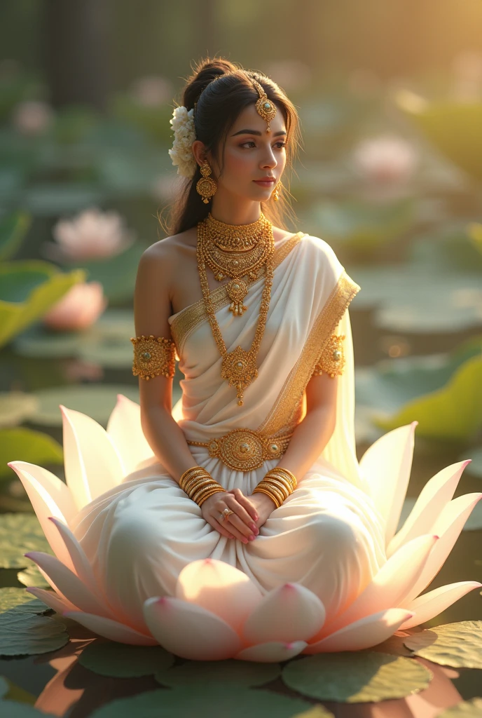 Create a high resolution realistic image of a divine gorgeous Indian lady, sitting on a white lotus flower with delicate features, wearing white saree with golden jewellery having a golden pink glow around her. Her facial features should be Indian and show her lower part of her body too in that sitting position, beautifully adorned withore jwellery