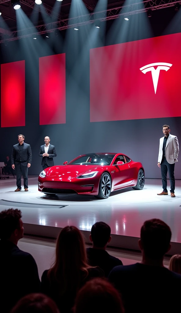 Historic Launch Event**: An image of the unveiling event for the Tesla Roadster, showcasing the car on stage with Tesla executives and early supporters.