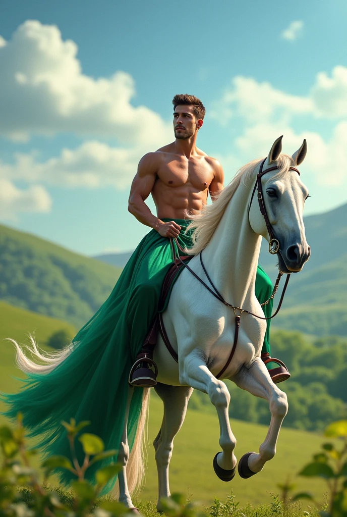 A very handsome young man is riding a white horse in a beautiful green color dress