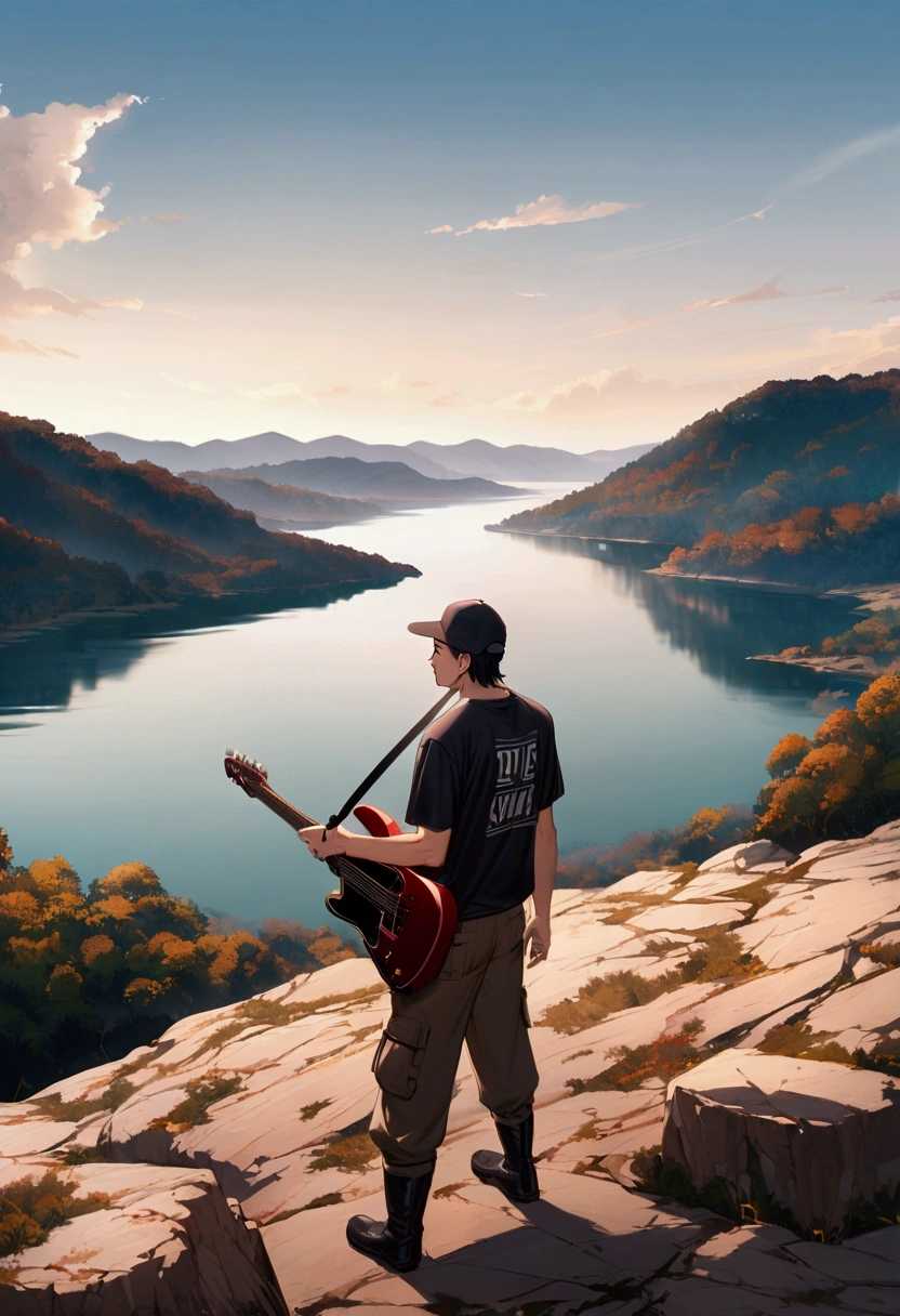 Professional photography of a Korean man in a baseball cap, loose black t-shirt that reads 'SiMus', cargo trousers, boots, standing on a mountain top, playing an electric guitar, as if playing, surrounded by rocky terrain with a view of the lake below. A sign reads "GAYO HIGHLAND", a partly cloudy sky adds to the background of the scene, as he smiles at the camera.
