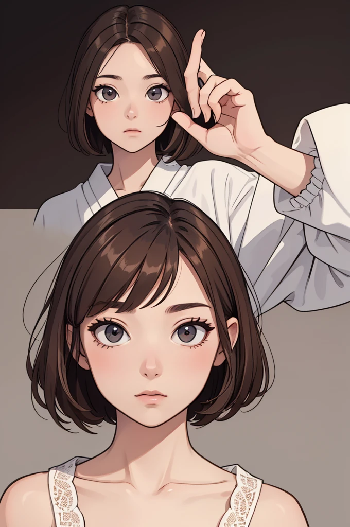 (((masterpiece, best quality, ultra highres, 1 girl, solo, no background))), super detailed skin and face and eyes and finger, beautiful japanese woman, small breasts:1.5, skinny, light brown hair, very short hair,pixie haircut, cowboy shot, white background, 2D anime, boyish, expressionless, Various clothes, Various poses, Please draw the entire character within the frame, ensuring that the head, arms and legs are not cut off, with the character positioned centrally, 