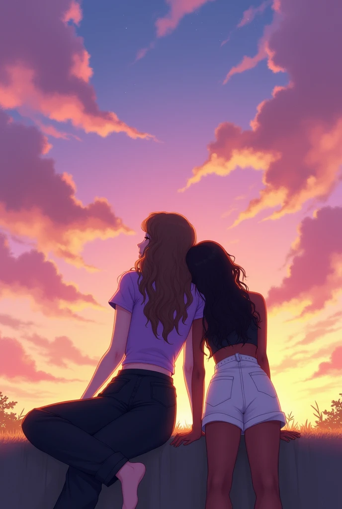 Two girls,sitting next to each other,one has her head lying down and resting on the other girl&#39;s shoulder,they're on their backs, you can&#39;t see their faces, in the sky at dusk that has a gradient from pink to orange and yellow with clouds that appear to be purple, one of them has long wavy brown hair, and wears a long-sleeved lilac blouse,tight fitting to her body and loose black pants,the other is BLACK and has DARK SKIN,WITH LONG CURLY HAIR,WEARING A WHITE MICRO SKIRT,COM UM CROPPED PRETO,they're on their backs, IMPOSSIBLE TO SEE THEIR FACES,THEY ARE LOOKING AT THE VIEW