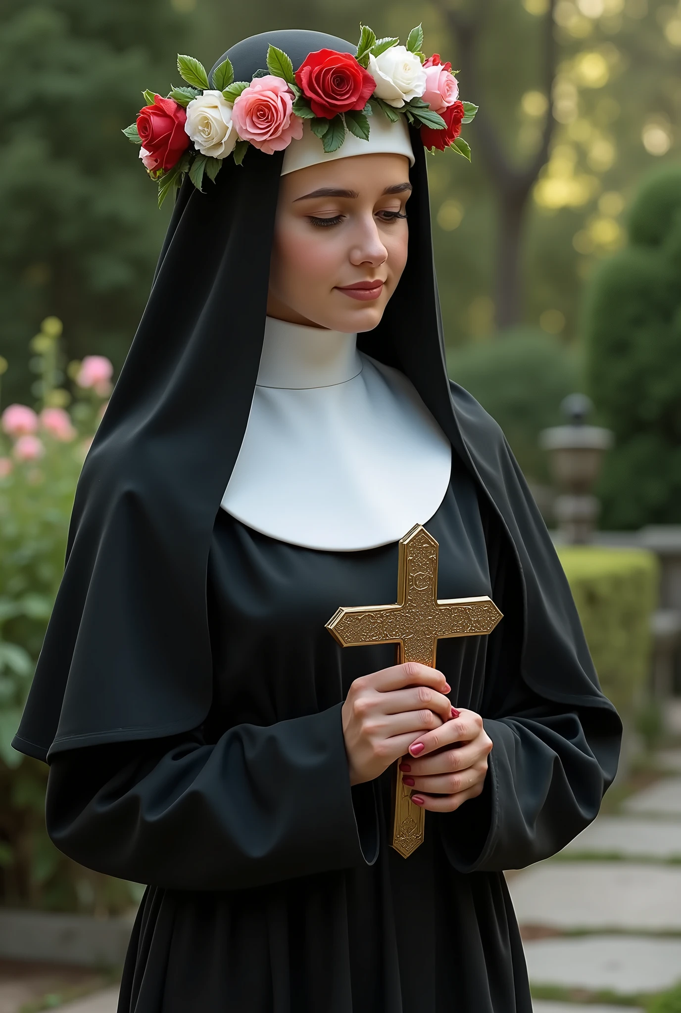 a woman dressed in nun's clothes, black and white outfit, on the head a crown of roses, holding a crucifix, serene and compassionate look, ultra realistic image, the color of roses are red white and pink, she is looking at the crucifix, ela está com um serene and compassionate look, walking on a stone floor, garden around you