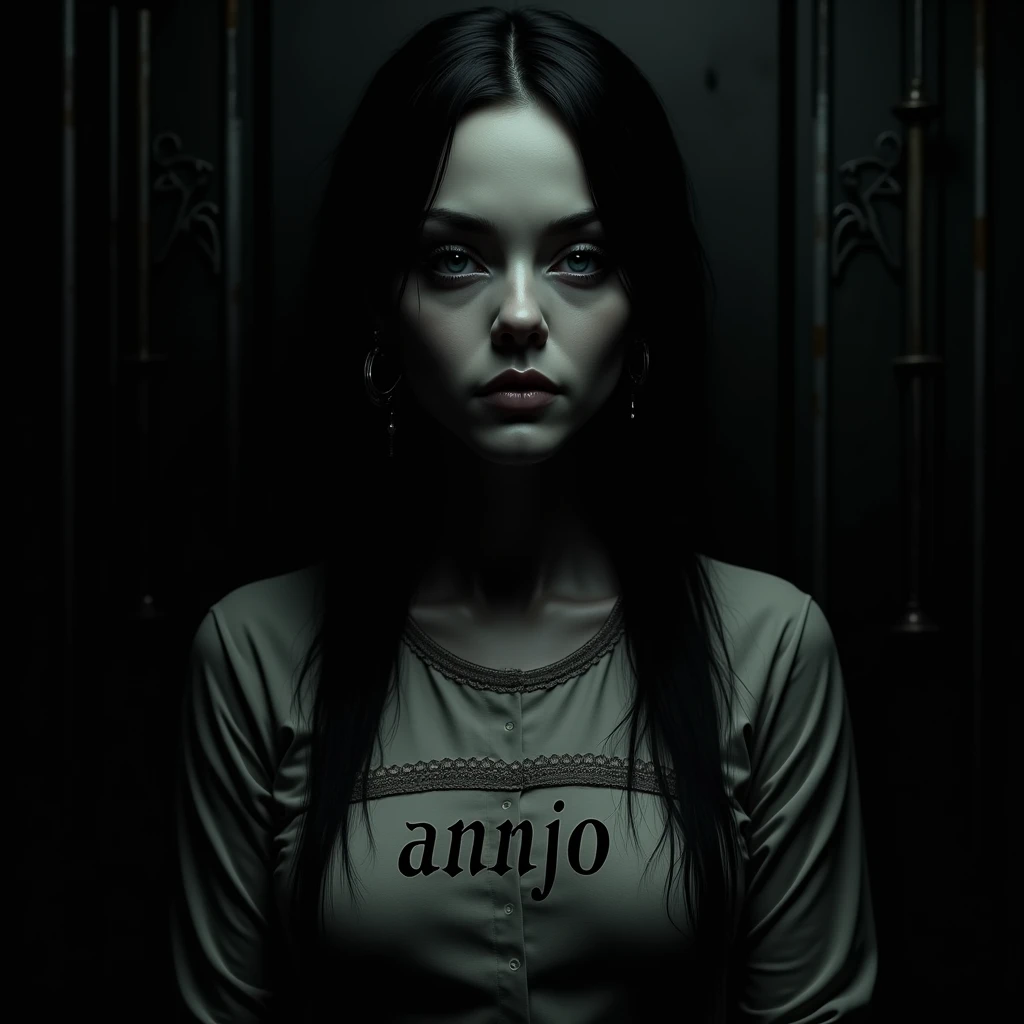 gothic woman, skeleton face, shirt with the word ANNJO written