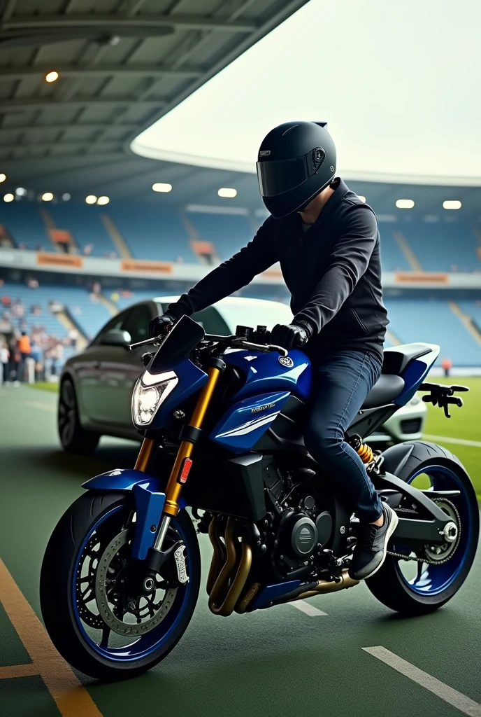 Man sitting on mt 09 in football stadiumwearing helmet and behind mt 09 one royse royal car the car must seen clearly