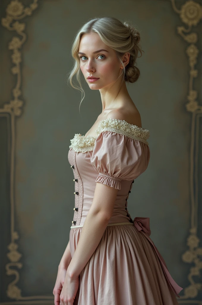 Draw me a woman 2 lived around 1850 was wealthy has blonde hair with grey streaks has purple shining eyes is very thin and very pretty and 160cm tall with tights and she should look more realistic whole body like a photo she should wear a beautiful dress in with legs you can draw her like real longer and more elegant dress people similar 1850 without labels on the side just the portrait