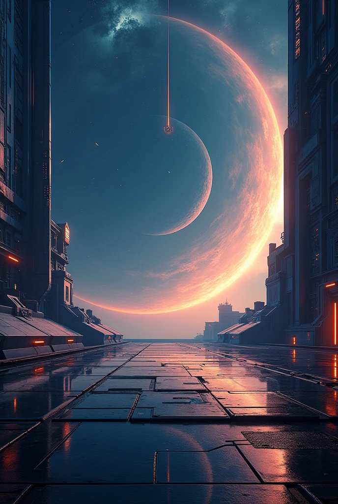 Realistic backdrop, navy blue, orange, cyber adventure, vast space, dimensional sky, metal floor, technology land, space war, no people.