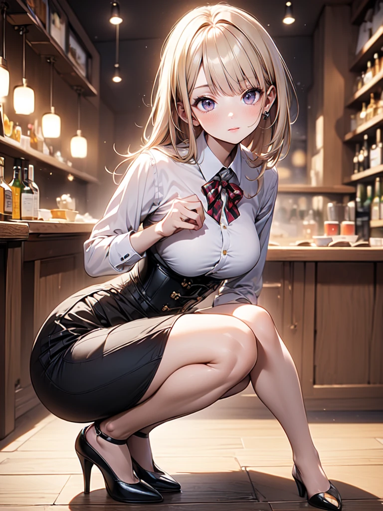 (masterpiece, best quality, highest quality, Masterpiece, 8k:1.5), (kawaii:1.2), (Full Body Shot,Including face,1girl,Focus on the face,Symmetrical facial features), Beautiful woman, (slender), ((High heels)), Detailed depiction of the face, Black Eyes,Cafe,bar, (Red checked skirt,corset,clerk,uniform),Inside the store, (multiple:-1.2),(Forward bending:1.5),squat