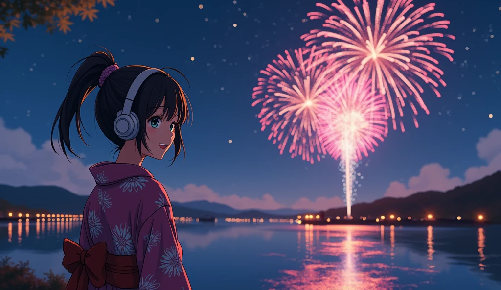 Perfect image, night、Calm atmosphere、Riverbank、Fireworks in the back、Female college student、yukata、Use headphones、excited、looks fun、Looking this way and smiling、2D-style animation, Lo-Fi、Retro、Anime style illustrations、Line art with clear outlines