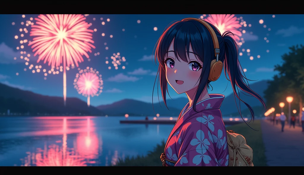 Perfect image, night、Calm atmosphere、Riverbank、Fireworks in the back、Female college student、yukata、Use headphones、excited、looks fun、Looking this way and smiling、2D-style animation, Lo-Fi、Retro、Anime style illustrations、Line art with clear outlines