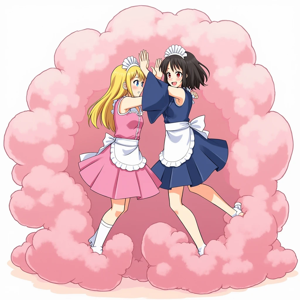 An anime-style illustration depicting maids and girls and princess and lady playfully wrestling with each other inside a pink comical fight cloud (dust cloud).
each girl and maid has different colored hair: one princess with blonde braided and blue-eyes and pink-dress, and one lady with black long hiar and red-eyes and blue-sleeveless-kimono.
their faces,hands,and feet are visible emerging from the cloud as they tussle humorously, with the rest of their bodies completely hidden inside the cloud.
the illustration emphasizes the humorous and energetic nature of their scuffle,with a fluffy and exaggerated fight cloud.