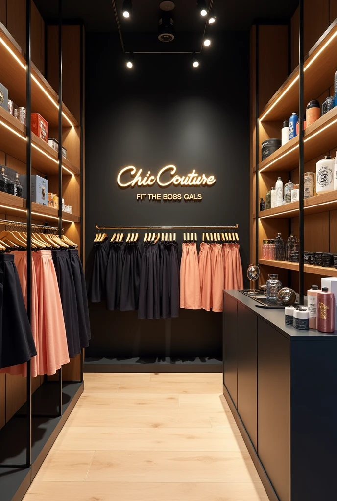 A skit and hair store
With the skirts on hangers let it fi well
And a brand name chic couture with the motto fi the boss gyals no pictures on the wall just the brand name and motto and HAIRS on the side