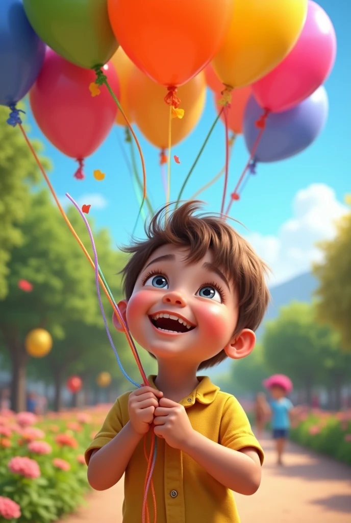 Close-up of a , Max, holding a bunch of balloons in a bright, colourful park