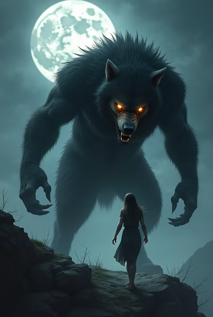 A realistic picture of a werewolf with black fur and amber eyes standing on his back paws growling at a young black lady that stood away from the werewolf while the moon stood tall behind the werewolf on a cliff