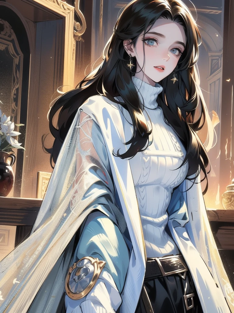 (best quality), 1boy, pale skin, black hair, medium hair, curtain hair, tousled hair, green eyes, perfect eyes, dark circles under eyes, handsome, light smile, attractive, turtleneck sweater, masterpiece, anatomically correct, highres