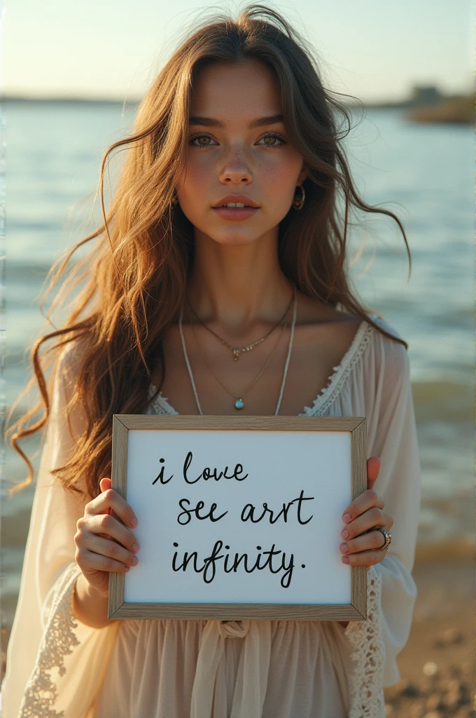 Beautiful girl with wavy long hair, bohemian dress, holding a white board with text "I Love Seaart Infinity" and showing it to the viewer