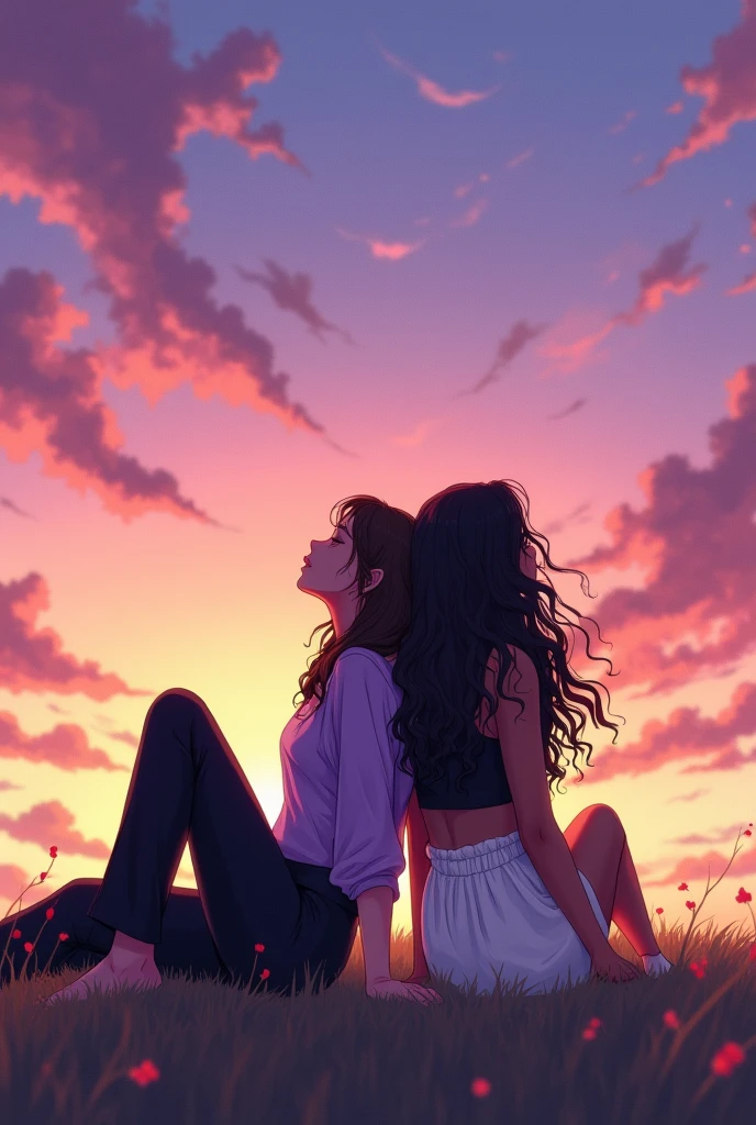 Two girls,sitting next to each other,one has her head lying down and resting on the other girl&#39;s shoulder,they're on their backs, you can&#39;t see their faces, in the sky at dusk that has a gradient from pink to orange and yellow with clouds that appear to be purple, one of them has long wavy brown hair, and wears a long-sleeved lilac blouse,tight fitting to her body and loose black pants,the other is BLACK and has DARK SKIN,WITH LONG CURLY HAIR,WEARING A WHITE MICRO SKIRT,COM UM CROPPED PRETO,they're on their backs, IMPOSSIBLE TO SEE THEIR FACES,THEY ARE LOOKING AT THE VIEW