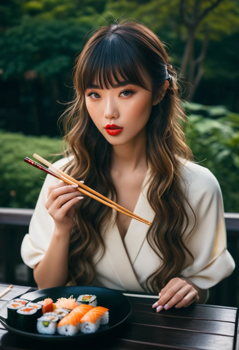 Japanese Supermodel, wavy hair, bangs, subtle makeup, eating sushi, chopsticks, outdoors, looking at viewer, professional photography, cinematic photo filter, 4k, high quality, detailed photo, Nikon, 85mm