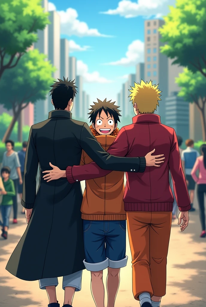 Generate a image of gaku luffy and naruto hugging each other wihle walking and showing their back side