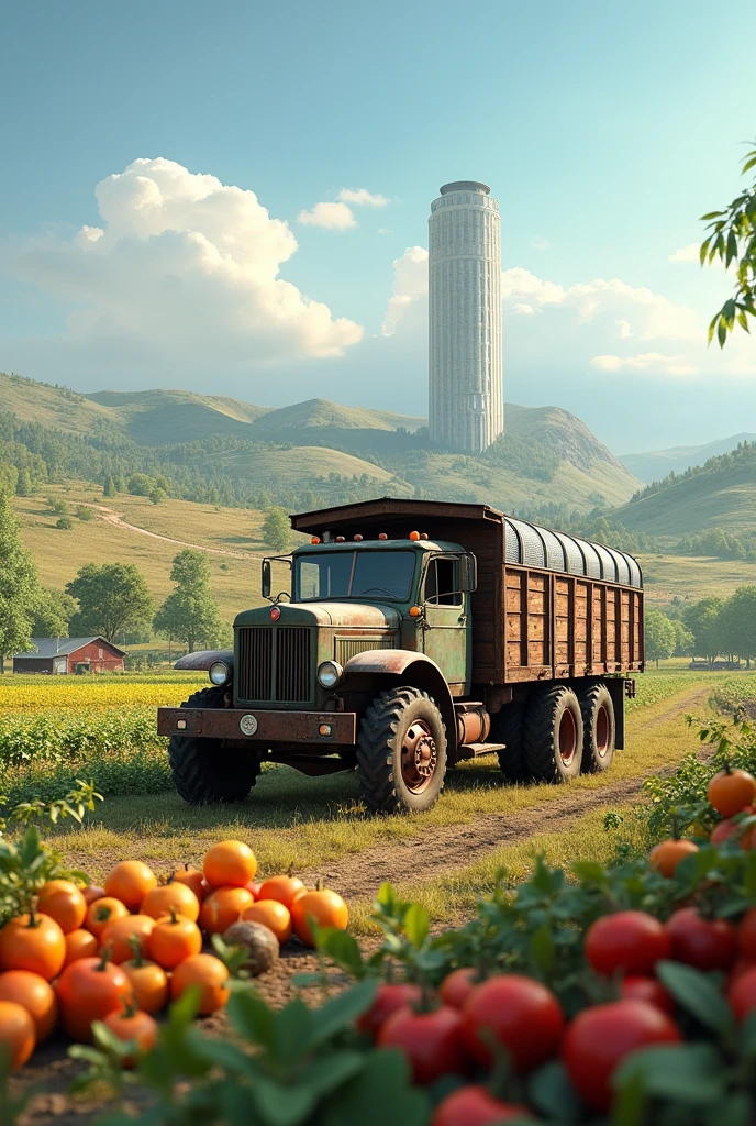 A farming truck on a huge farm land, a tall building on a far behind, different kind of farm products on th land, a shade made of glass on the land, write "Sime PLC..." with a Times new roman font at the bottom