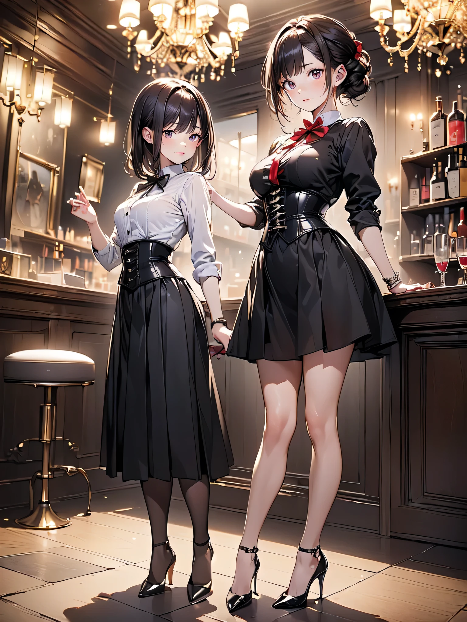 (masterpiece, best quality, highest quality, Masterpiece, 8k:1.5), (kawaii:1.2), (Full Body Shot,Including face,1girl,Focus on the face,Symmetrical facial features), Beautiful woman, (slender), ((High heels)), Detailed depiction of the face, Black Eyes,Cafe,bar, (Red checked skirt,corset,clerk,uniform),Inside the store,Window Cleaning, (multiple:-1.2),