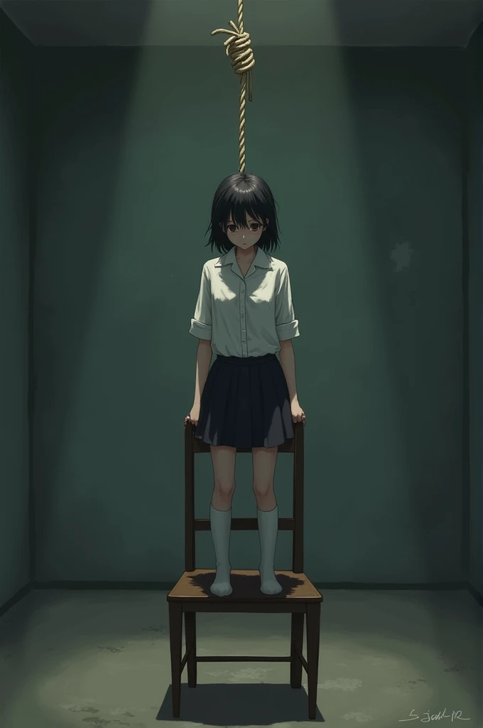 Female student in white knee high socks standing on chair with noose to hang herself