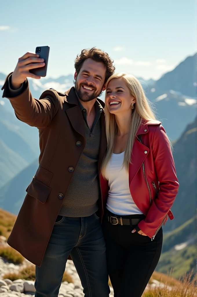 Colin O'Donoghue as Killian Jones and Jennifer Morrisson as Emma Swan take a selfie on top of a mountain in swizerland. She wears black trousers, a white tshirt and a red leather jacket and he wears his typical pirate coat. They are laughing and have fun. The sun shines and there is a small breeze in the air. Draw it fullbody, hyperrealistic with a slight touch of magic.