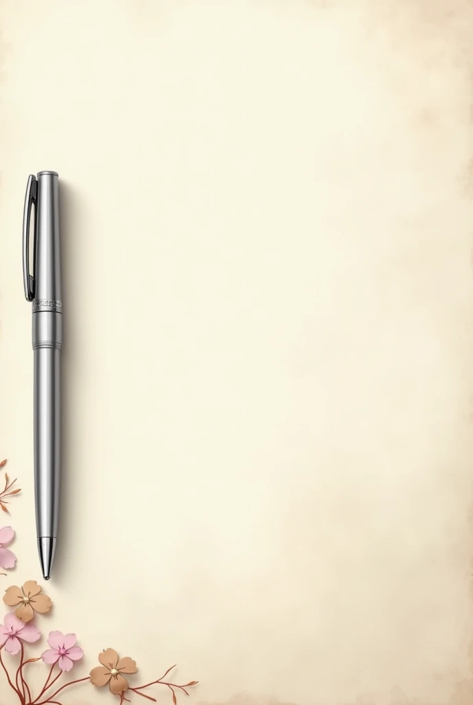 A white brownish page. The page with some flower design bottom side of the page. Left side of the page have a Parker Folio Stainless Steel Chrome Trim silver color Fountain Pen. Pen is completely silver color don't use other colors.
Pen onto the side corner of the page. Pen don't cover the page or the middle part of the page.
I want full page in the image. Everything is good but regenerate the pen image it's not look like Fountain Pen.