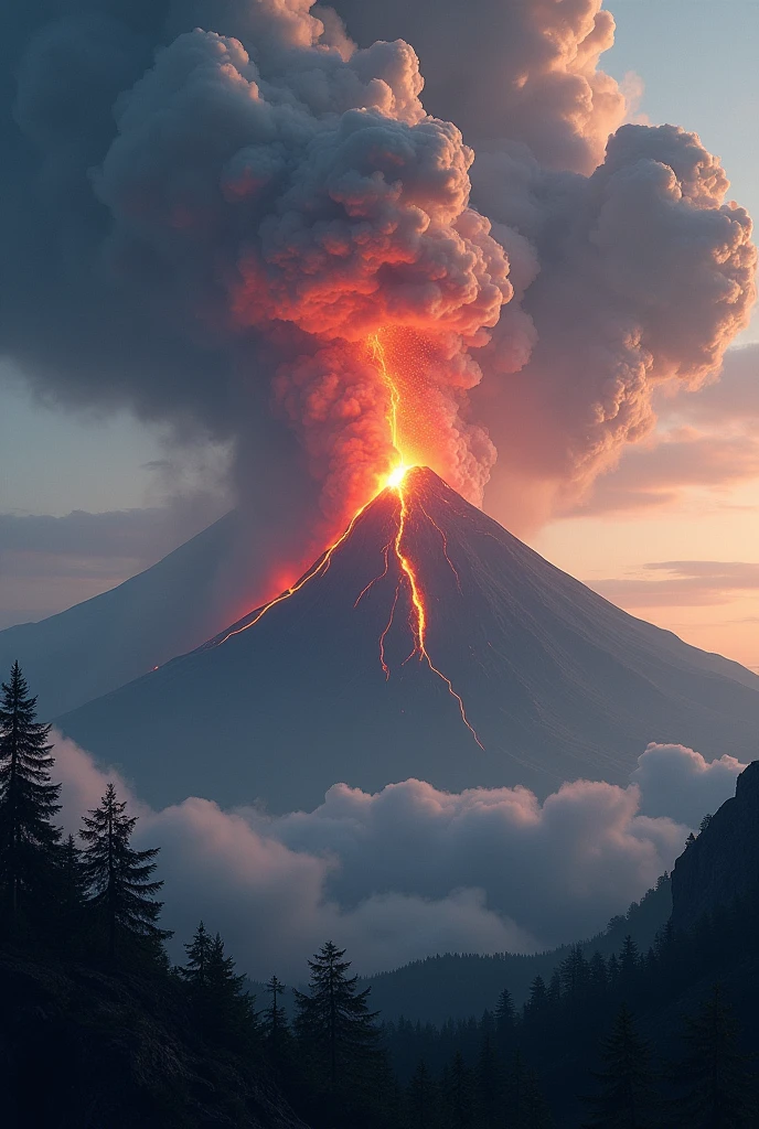 Mount Sinabung emitting smoke and lava, with ash clouds rolling in the sky.