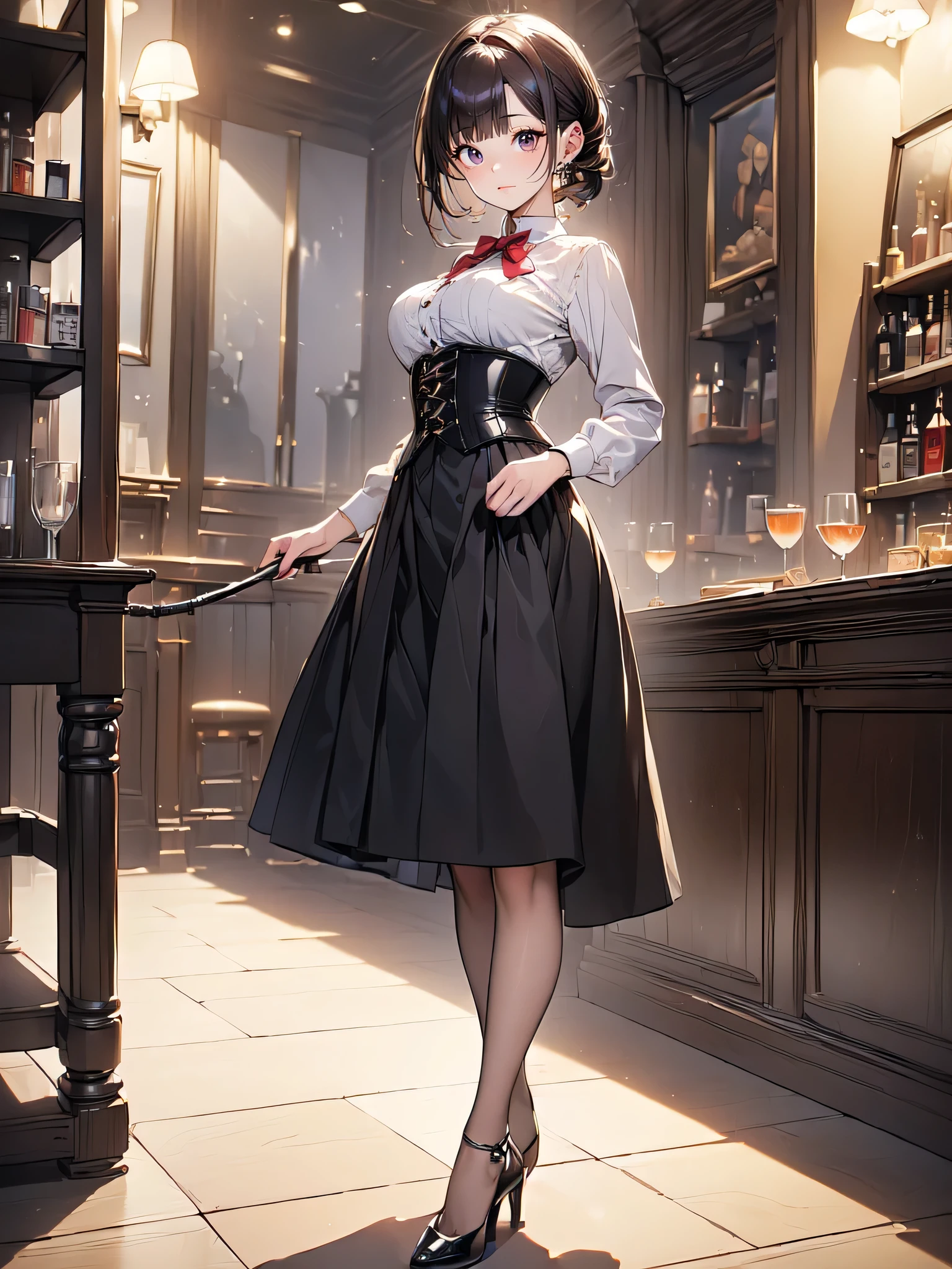 (masterpiece, best quality, highest quality, Masterpiece, 8k:1.5), (kawaii:1.2), (Full Body Shot,Including face,1girl,Focus on the face,Symmetrical facial features), Beautiful woman, (slender), ((High heels)), Detailed depiction of the face, Black Eyes,Cafe,bar, (Red checked skirt,corset,clerk,uniform),Inside the store,Window Cleaning, (multiple:-1.2),