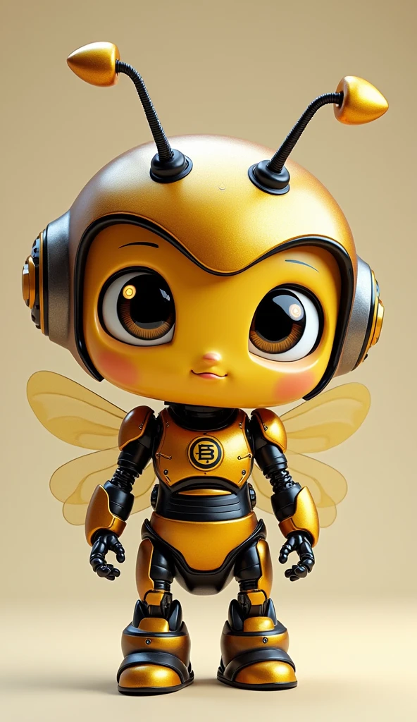 The head of a transformed gold and steel bumblebee, with a human body shape, a pair of big shining eyes, face and body facing me, full body photo, Q version cute character