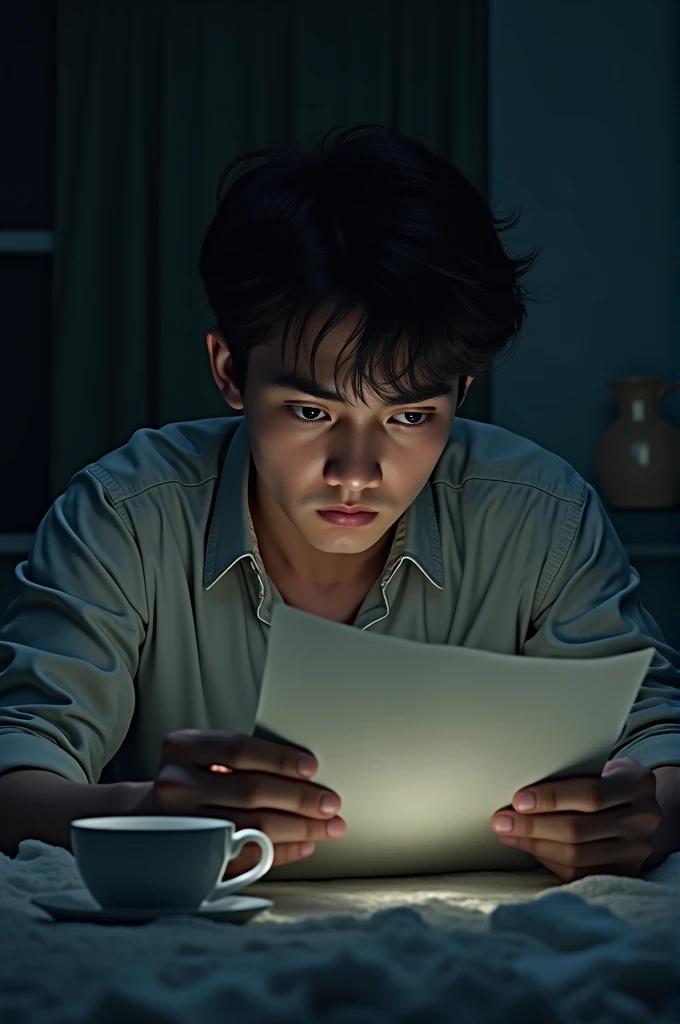 a young man crying , reading a letter