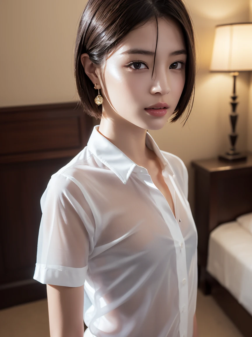 masterpiece:1.2, Very detailed, Ultra-high resolution, Realistic, photo Realistic:1.6, High-resolution RAW color photos, Professional photos, Sharp focus:1.2, Very detailed顔と肌の質感, Very beautiful eyes, Glossのある肌, Glowing Skin, Glowing Skin, Shining Face, Gloss, Oily skin, greasy face, Oily skin, greasy face,, real Glossのある肌 texture, Perfect Anatomy, Very detailed背景,(Luxury resort room at night)),1 female,2 woman, Japanese women,height: 168cm,short hair, Straight hair, bangs, Brown Hair,((Flat Chest:1.6,Small valley:1.5)), (See-through white short-sleeved collared shirt),(A wet and very transparent shirt:1.6),(Open shirt:1.3),Luxury earrings、Luxury Necklace、A wet and very transparent shirt、Invite to sex