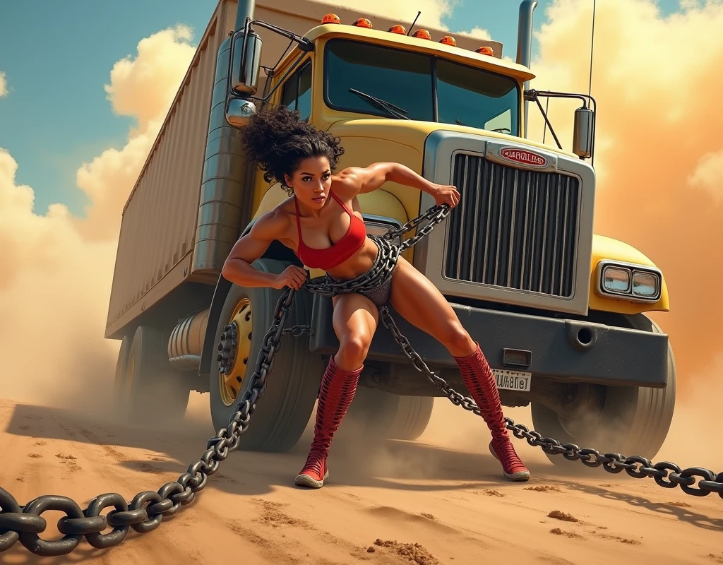 a well-built woman and a large truck are connected by a chain; the chain is wrapped around her body and pulls the large truck, pulling a large truck with chains wrapped around her body, pulling forcefully, soaring clouds of dust, dynamic composition, madeon,