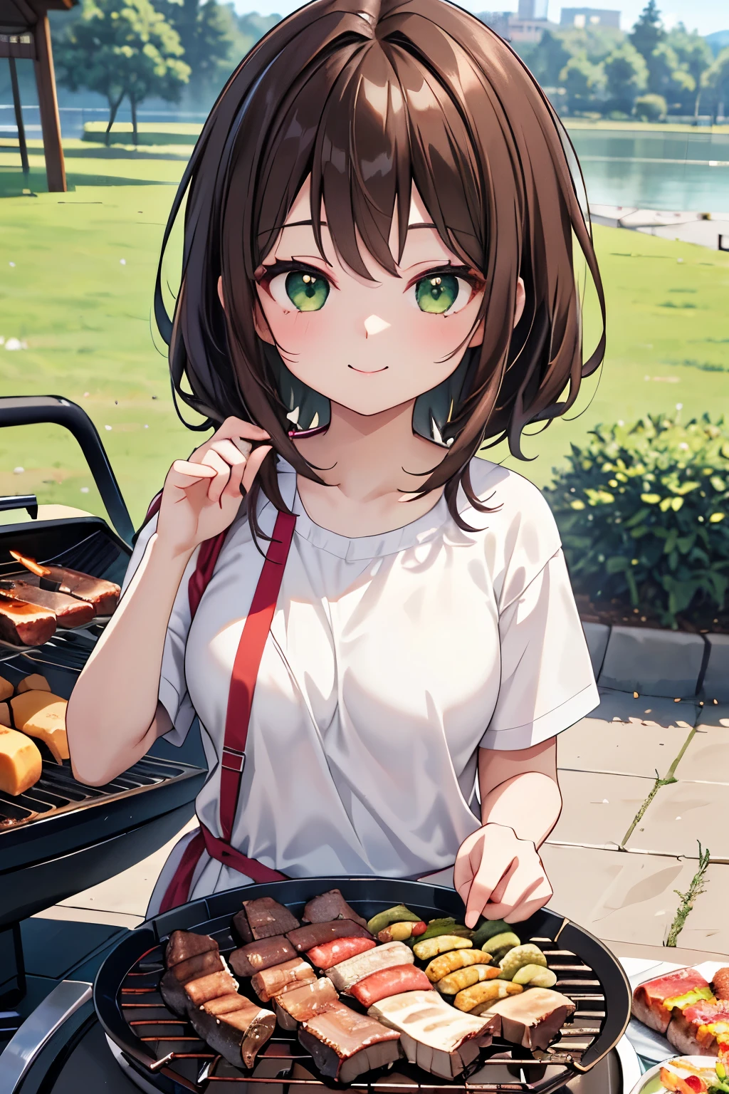 ((masterpiece, Highest quality, High resolution, 超High resolution, Pixel perfect, Written boundary depth, 4K, RTTX 10.0, High resolution))), 1 person, single, alone, Beautiful Anime, Beautiful art style, Anime characters, ((Shortcuts, bangs, Dark brown hair)), ((Green Eyes:1.4, Round eyes, Beautiful eyelashes, current eyes)), ((Smooth texture:0.75, Anime CG style)), ((Dynamic Angle, close)), Perfect body, (cute), Normal chest, whole body, ((4K, 8k, Highest quality, Perfect Fingers: 1.3, Perfect Anatomy: 1.3, Background Blur)), whole bodyアングル, Illustration of a person having a BBQ, Characters wearing casual summer clothes、Standing in front of an outdoor BBQ grill, She holds tongs in her hand、Smiling happily as he grills meat, In the background, there is a lush park and a river.、Picnic sheets and food are laid out
