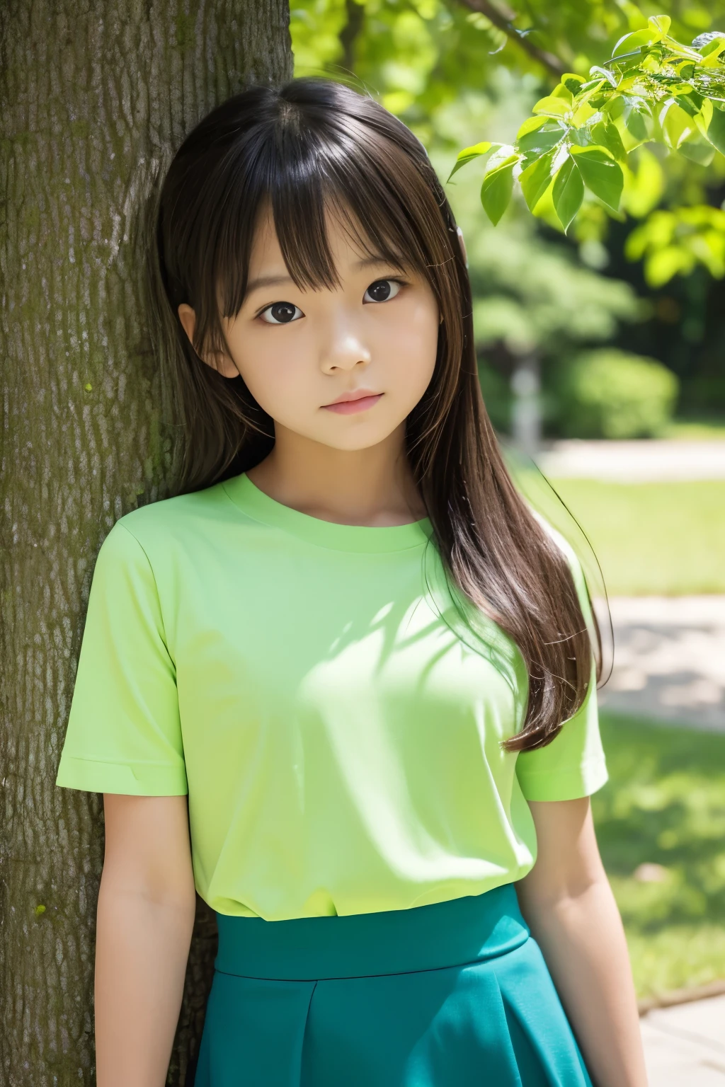 8k,masterpiece,Japanese,,from the front,Innocent face,Calm Eyes,Childish,T-Shirts,Short sleeve,Short skirt,semi-long,noon,bright,By the side of a fresh green tree