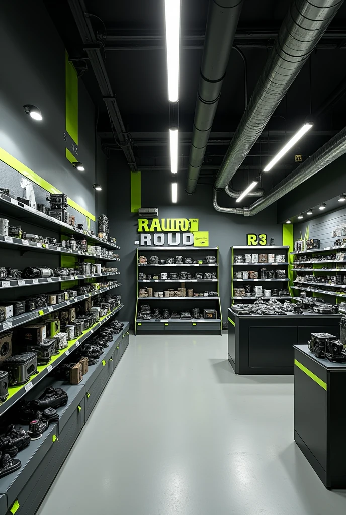 Modern industrial style auto parts store, using gray colors, green and black