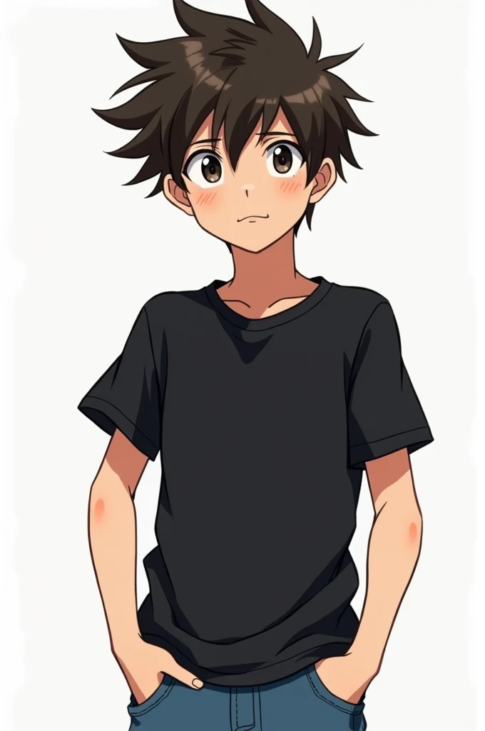Create a image of a teenager boy messy hair average height wearing black tshirt and blue jeans in 2d anime style