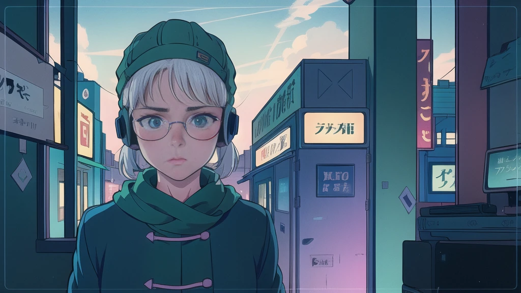 (extremely detailed CG unity 8k wallpaper), (best quality), (best illustration), (best shadow), realistic lighting, beautiful detailed reglow, masterpiece, best quality, lofi artstyle, lofi art, city, town, 80s anime style, Retro, Lo-Fi, 1girl, 1girl, bangs, beanie, black headwear, blush, covered mouth, glasses, green background, green eyes, green scarf, green theme, hat, jacket, looking at viewer, round eyewear, scarf, simple background, solo, upper body, white hair, Using Headphone