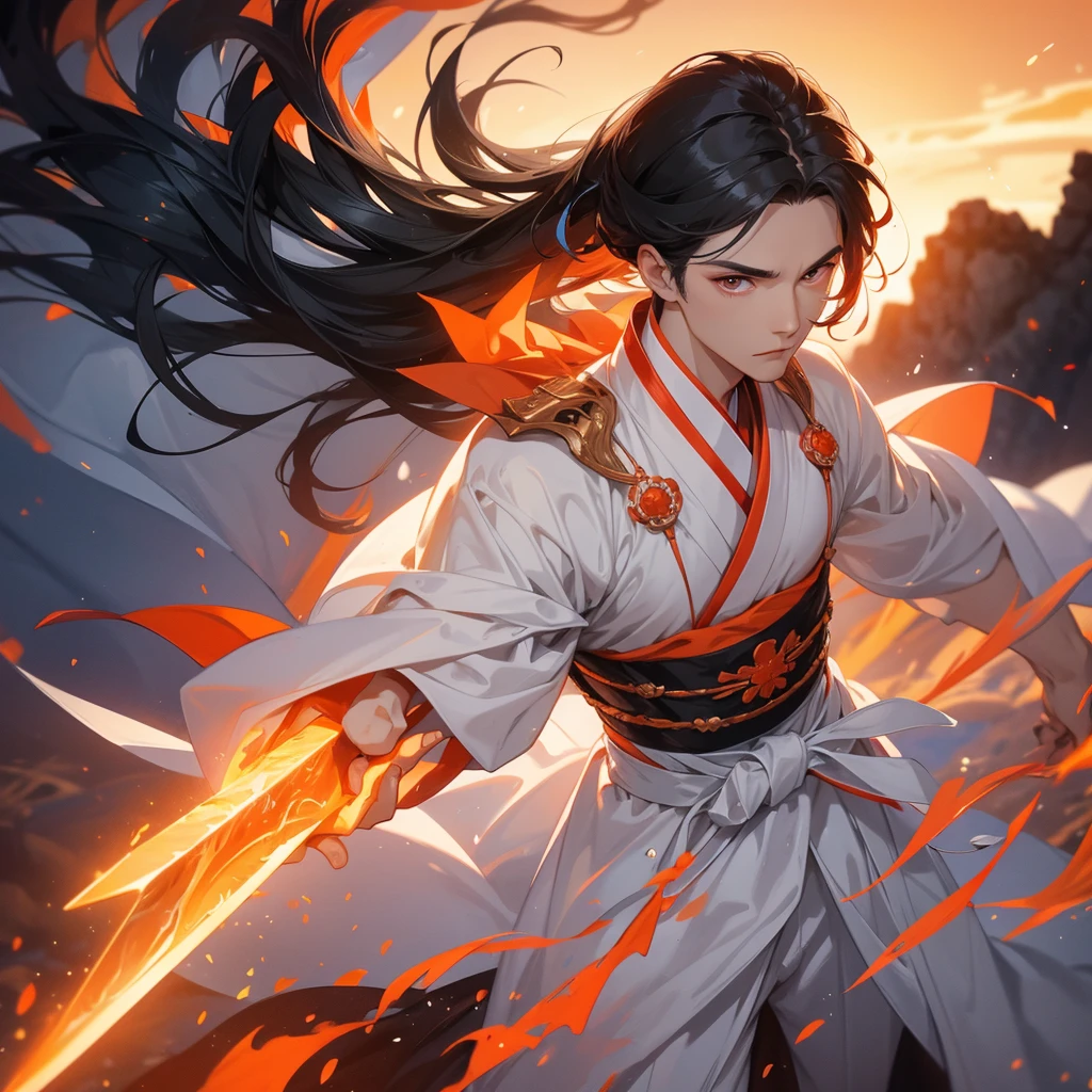 A Handsome black-hair male holding a large sword in white hanfu dress, Background is a volcano, lava erupting orange-red, close up.