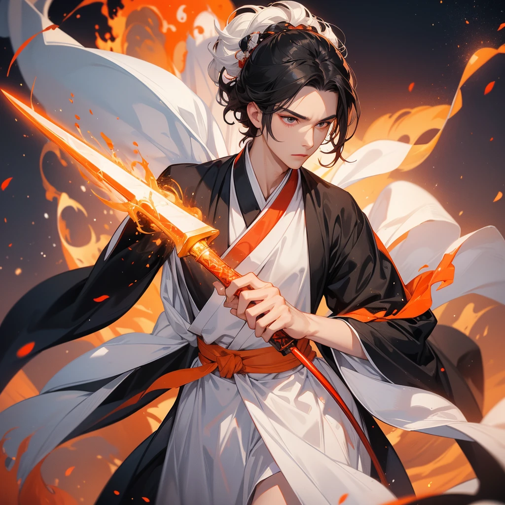 A Handsome black-hair male holding a large sword in white hanfu dress, Background is a volcano, lava erupting orange-red, close up.
