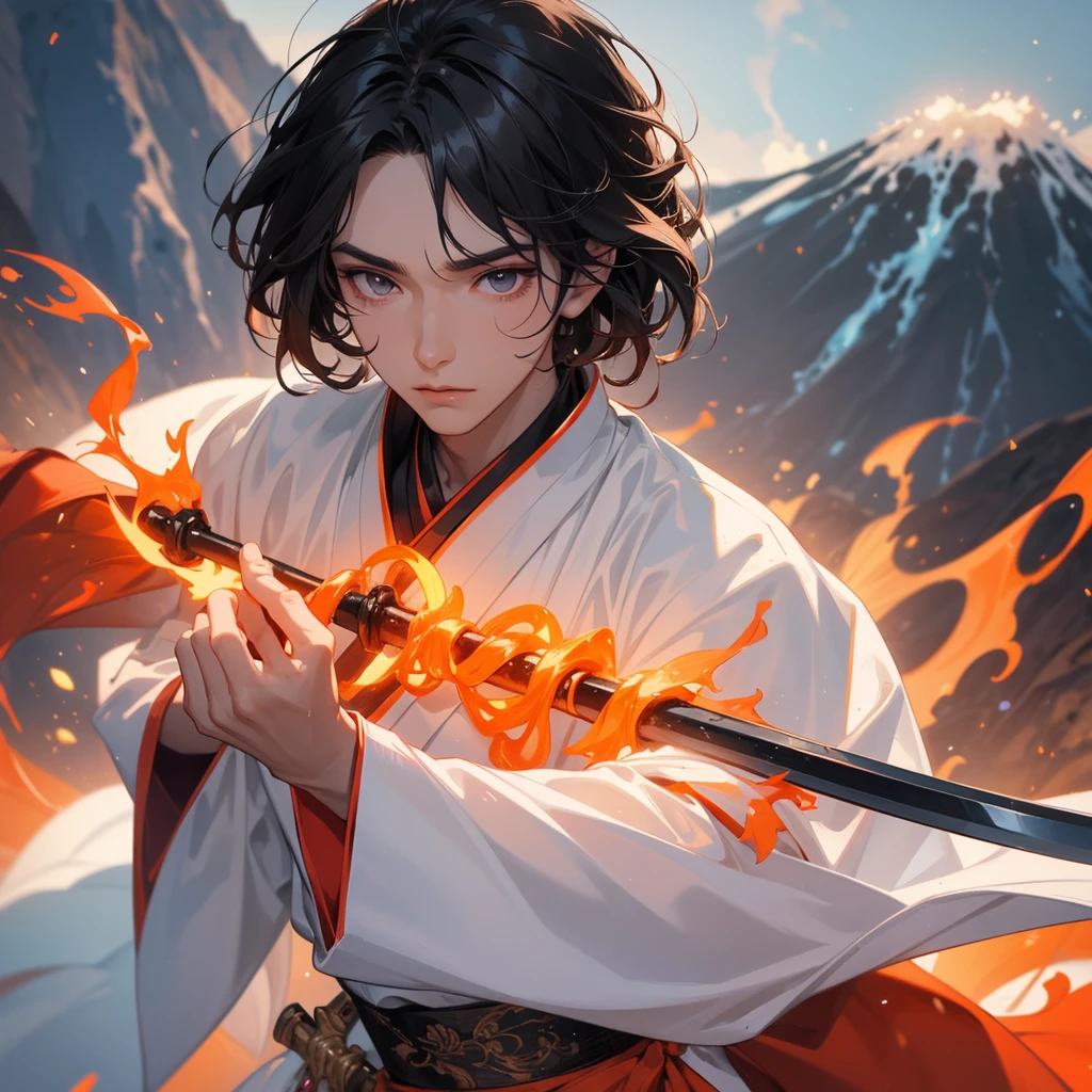 A Handsome black-hair male holding a large sword in white hanfu dress, Background is a volcano, lava erupting orange-red, close up.
