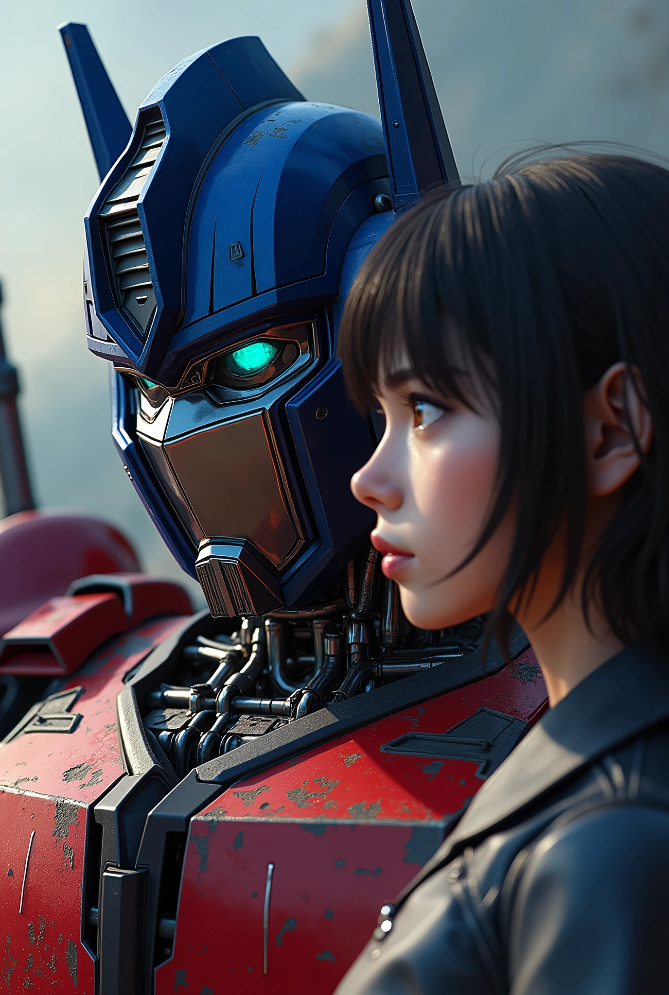 Optimus Prime, Mion Sonozaki, Higurashi no Naku Koro Ni, Transformers, Autobots, highly detailed portrait, beautiful detailed eyes, beautiful detailed lips, extremely detailed face, long eyelashes, emotionalexpression,(best quality,4k,8k,highres,masterpiece:1.2),ultra-detailed,(realistic,photorealistic,photo-realistic:1.37),intricate details, vibrant colors, dramatic lighting, cinematic composition, epic scale, hyper realistic, 3D render, digital painting, studio lighting