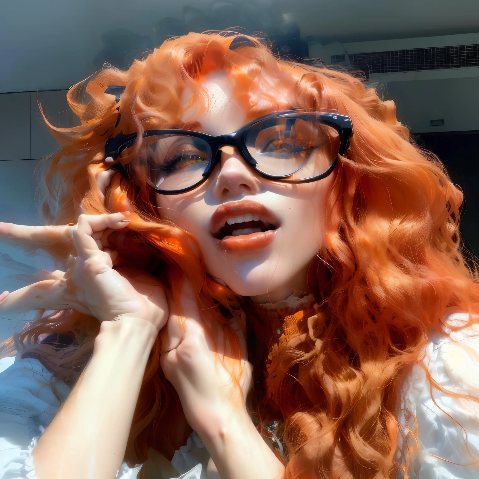 There is a woman with red hair and glasses posing, long wavy Orange hair, long Orange hair, Orange hair, beautiful dolphin, bright Orange hair, loose orange hair, Orange halo around his head., bright orange hair, very long Orange hair, Orange peel and long fiery hair., ginger wavy hair, she has long redOrange hair, amaranth