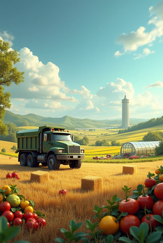 A farming truck on a huge farm land, a tall building on a far behind, different kind of farm products on th land, a shade made of glass on the land, write "Sime PLC..." at the bottom
