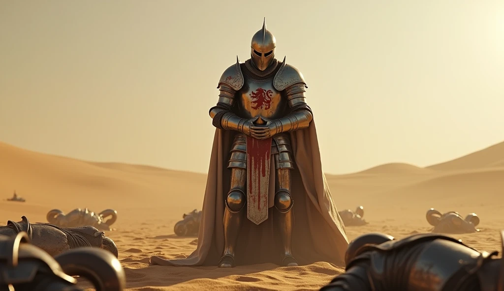 A highly realistic, high-contrast, 8K HD, detailed, hyper-detailed image of a fully armored knight bearing a lion emblem on his chest, standing while clutching his abdomen in pain after being defeated in battle. His face is obscured by a helmet, ensuring that no facial features are visible. The knight’s armor is marked by the harshness of the battle, with dents and bloodstains visible across its surface. Surrounding him are the bodies of other fallen knights, their armor similarly marked by the brutal combat. The desert sun casts a stark, unforgiving light over the scene, with long shadows stretching across the sand. The atmosphere is somber and intense, capturing the suffering and despair of the knight in his final moments. The image is of the highest quality, with ultra-high resolution, RAW photo quality, and Unreal Engine rendering, vividly depicting the tragic and harrowing scene in the vast, desolate desert.