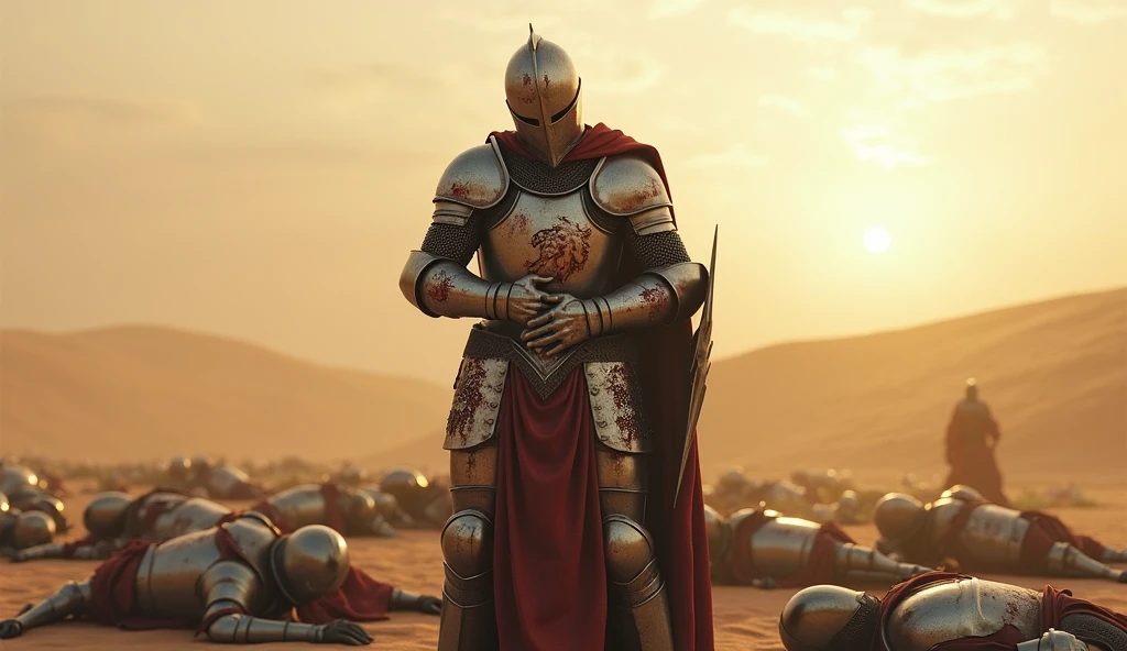 A highly realistic, high-contrast, 8K HD, detailed, hyper-detailed image of a fully armored knight bearing a lion emblem on his chest, standing while clutching his abdomen in pain after being defeated in battle. His face is obscured by a helmet, ensuring that no facial features are visible. The knight’s armor is marked by the harshness of the battle, with dents and bloodstains visible across its surface. Surrounding him are the bodies of other fallen knights, their armor similarly marked by the brutal combat. The desert sun casts a stark, unforgiving light over the scene, with long shadows stretching across the sand. The atmosphere is somber and intense, capturing the suffering and despair of the knight in his final moments. The image is of the highest quality, with ultra-high resolution, RAW photo quality, and Unreal Engine rendering, vividly depicting the tragic and harrowing scene in the vast, desolate desert.
