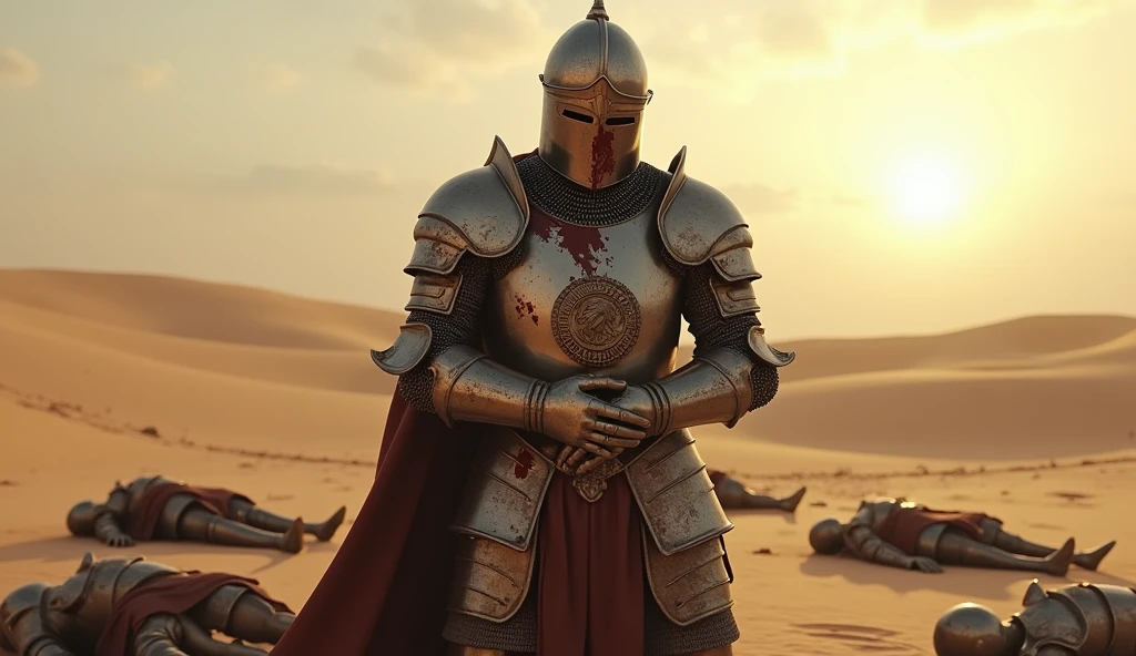 A highly realistic, high-contrast, 8K HD, detailed, hyper-detailed image of a fully armored knight bearing a lion emblem on his chest, standing while clutching his abdomen in pain after being defeated in battle. His face is obscured by a helmet, ensuring that no facial features are visible. The knight’s armor is marked by the harshness of the battle, with dents and bloodstains visible across its surface. Surrounding him are the bodies of other fallen knights, their armor similarly marked by the brutal combat. The desert sun casts a stark, unforgiving light over the scene, with long shadows stretching across the sand. The atmosphere is somber and intense, capturing the suffering and despair of the knight in his final moments. The image is of the highest quality, with ultra-high resolution, RAW photo quality, and Unreal Engine rendering, vividly depicting the tragic and harrowing scene in the vast, desolate desert.
