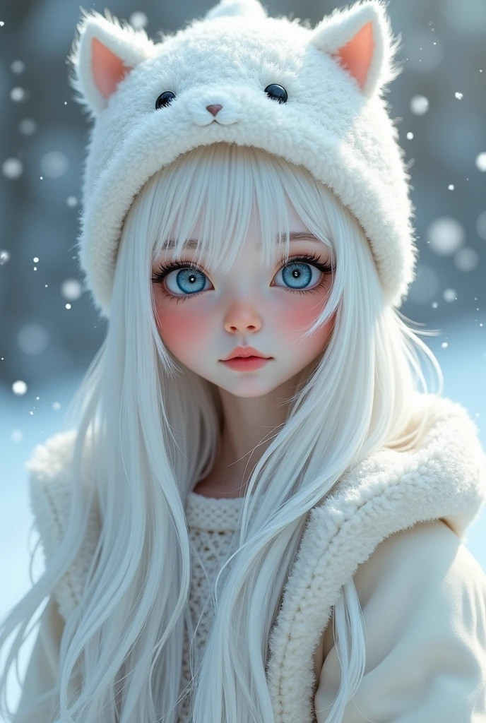 White hair, hairstyle, cute, smile, white skin, blue eyes, boa hat, ager, , it's snowing