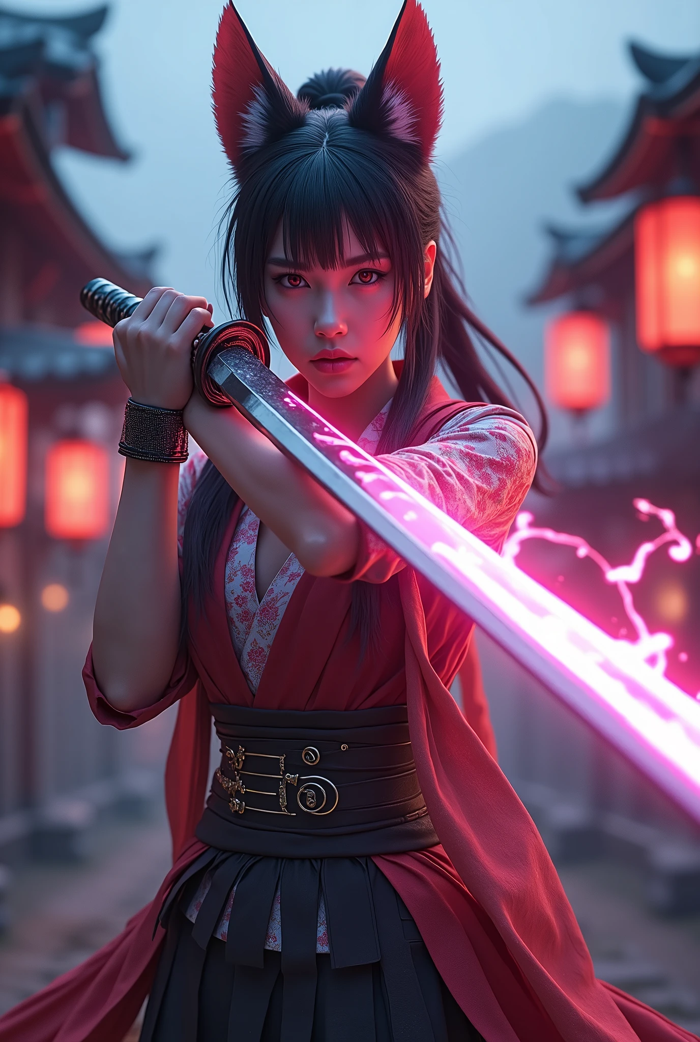 ((Masterpiece: 1.2), CG, 3D, FOX samurai girl. Holds a thick, long sword, extending towards you, the tip of the sword facing the viewer, covered in neon light and lightning effects. She is standing wearing Japanese patterned clothes.The background is a realistic outdoor landscape, depth of field, blurred photo, and dynamic pose. MASK